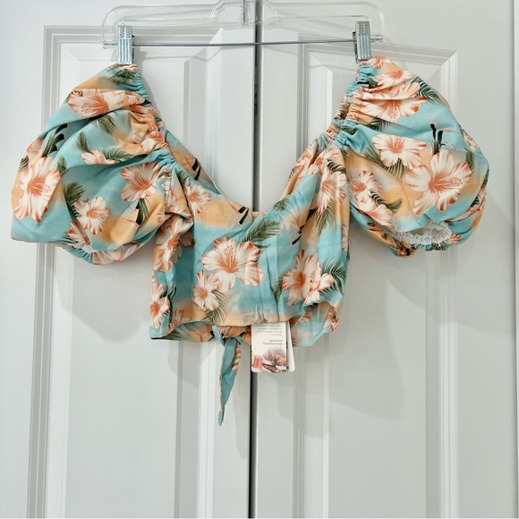Agua Bendita Bailee Luau Crop Top Floral Hawaiian Print Puff Sleeve Size S NWT - Picture 6 of 6